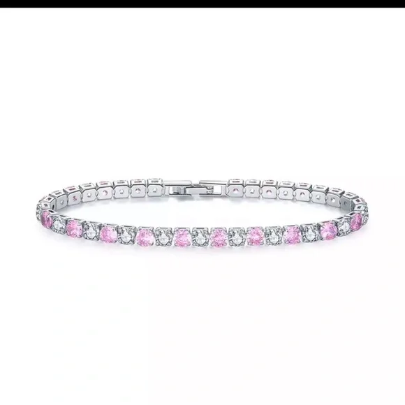 Tennis bracelet pink & clear diamond silver clasp closure shiny sparkly y2k - Picture 2 of 4